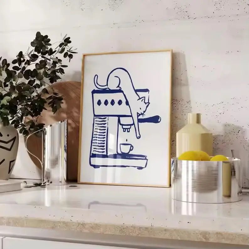 CAT BARISTA | Affiche Café Minimaliste avec Chat et Machine à Espresso - Muses Galerie20x30